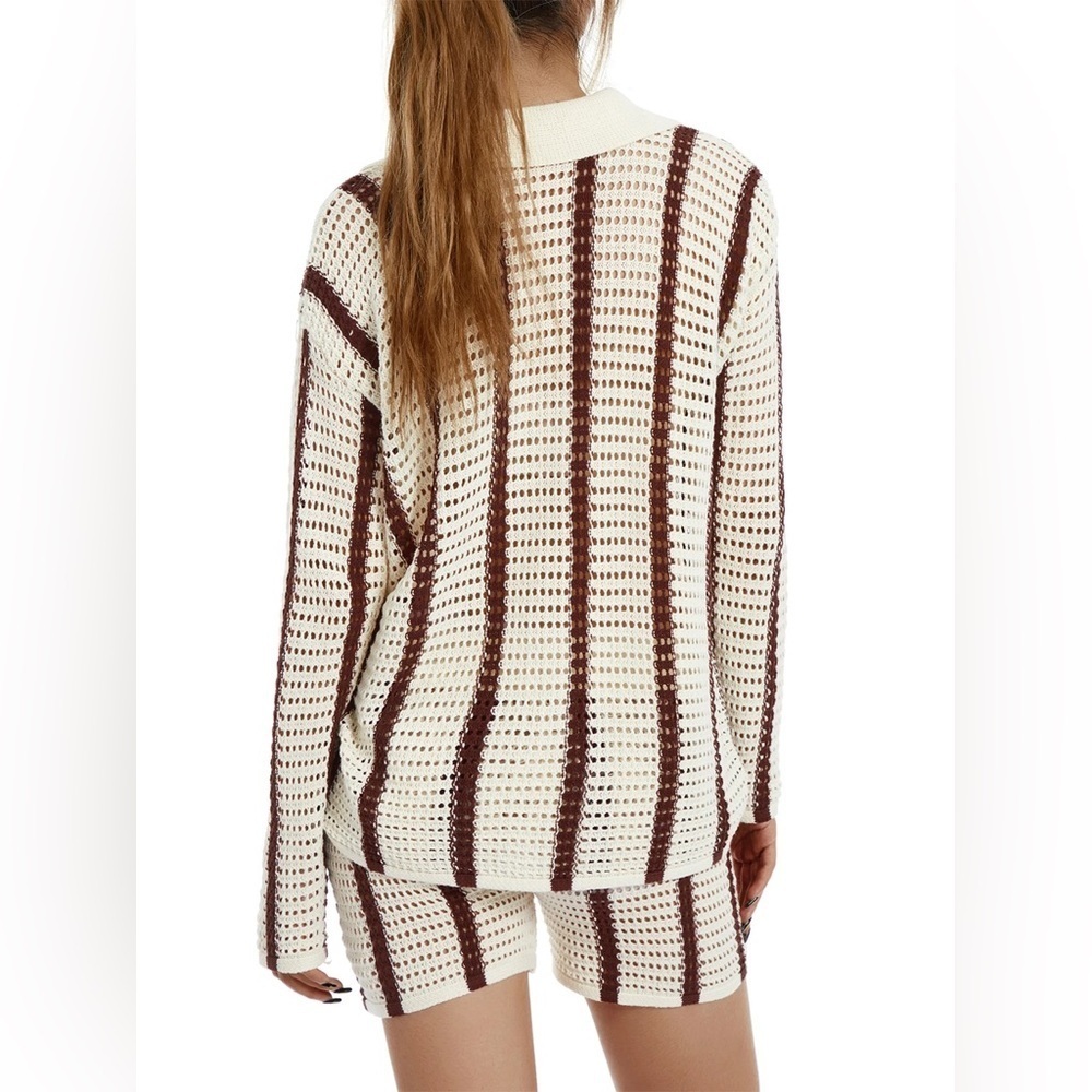 Women’s Knitted Cardigan Long Sleeve Button Up Crochet Striped Cardigan Sweater - Picture 3 of 10